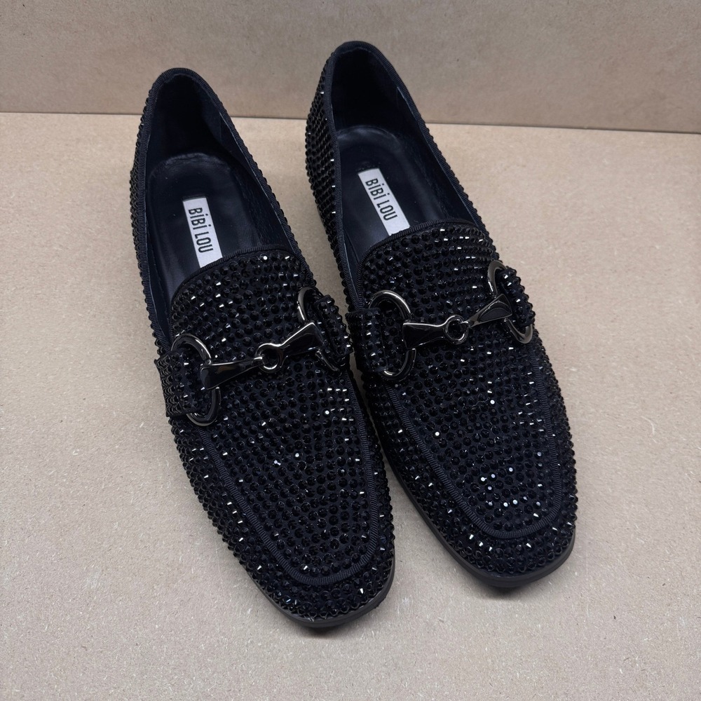 Bibi Lou Astracan Loafers Wmn 39 Black Rhinestone Horsebit Glam Sparkle 714Z00VK